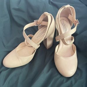 Beige Round Toe Strap Block Heels Womens Size 7.5 Almond Toe Nude Tan High Heels